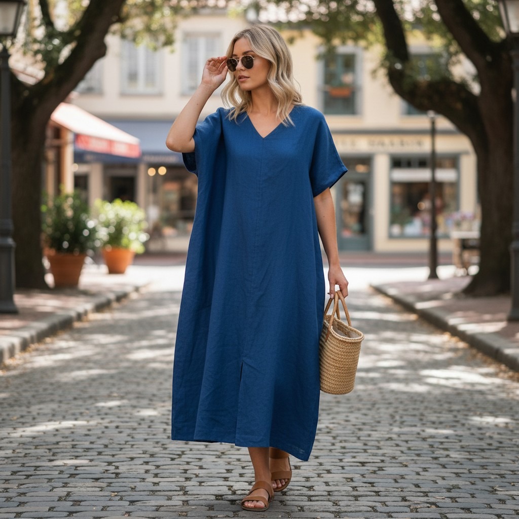 Flax Tara Maxi Dress Dreft Blue 100% Linen V-Neck Short Sleeve Oversized Large